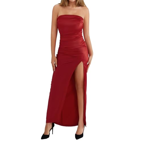 FeMereina Damen Elegant Trägerlos Schlauch Langes Kleid Sexy Low Cut High Split Bodycon Maxikleid Abend Cocktail Party Satin Kleid, rot, X-Large von FeMereina