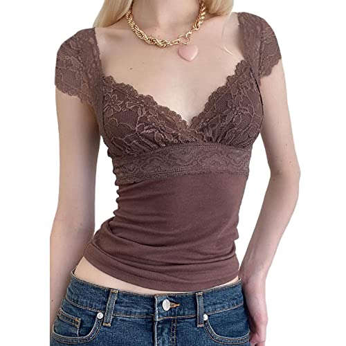 FeMereina Damen Fairy Grunge Kurzarm Crop Tank Top V Ausschnitt Spitze Patchwork Slim Fit Shirt Low Cut CamisolesTee Y2K Streetwear, Kurze Ärmel, M von FeMereina