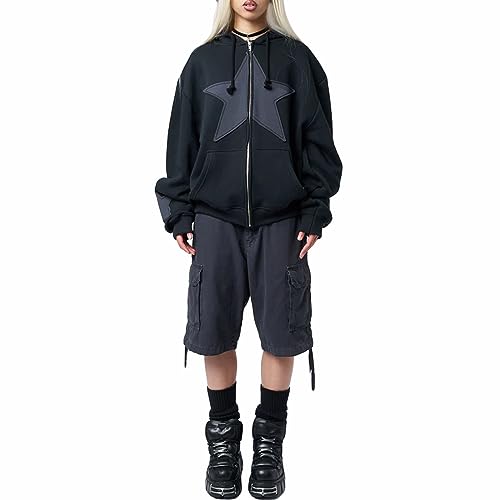 FeMereina Damen Graphic Hoodie Y2k Zip Up Hoodies Star Print Oversized Kordelzug Sweatshirt Ästhetischer Pullover Kapuzenshirts, Schwarz , 38 von FeMereina