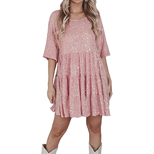 FeMereina Damen Kurzarm Glitzernde Pailletten Minikleider Lose Casual Glitzernde Tunika T Shirt Kleid Stufenclub Disco Tanz Minikleider, rose, Small von FeMereina