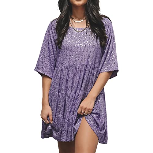 FeMereina Kurzärmeliges Minikleider für Damen, glitzernde Pailletten, locker, lässig, glitzernd, Tunika, T-Shirt, Kleid, gestuft, Club, Disco, Tanz, Minikleider, violett, S FeMereina Kurzärmeliges Minikleider für Damen, glitzernde Pailletten, locker, lässig, glitzernd, Tunika, T-Shirt, Kleid, gestuft, Club, Disco, Tanz, Minikleider, violett, S von FeMereina