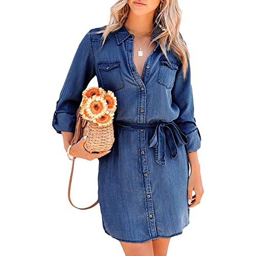 FeMereina Damen Langarm Bluse Jeanskleid Denim Hemd Kleider Button Down Chambray Taillenbänder Tunika Minikleid mit Taschen, dunkelblau, L von FeMereina