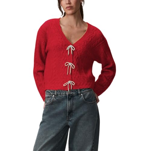 FeMereina Damen Langarm Crop Cardigan Pullover Chic Lose V-Ausschnitt Strickpullover Outerwear mit Fliege, rot, S von FeMereina