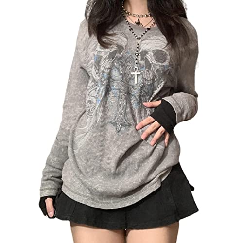 FeMereina Damen Langarm Grunge Ästhetisches T-Shirt Loose Fit Vintage Gothic Grafik Tees Sommer Y2k Halloween Totenköpfe Kreuzdruck Pullover, Gray, Large von FeMereina