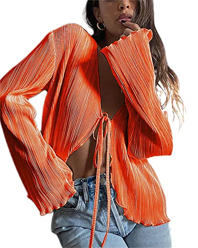 FeMereina Damen Langarm Sheer Top See ThroughFlare Sleeve Button Up Shirts Sexy Deep V Neck Mesh Bluse Cardigan Y2K Streetwear, B, M von FeMereina