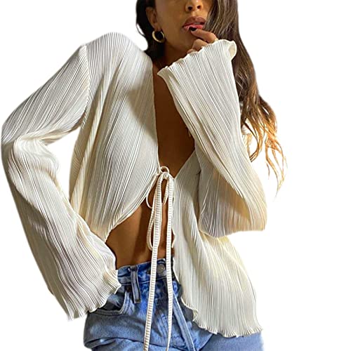 FeMereina Damen Langarm Sheer Top See ThroughFlare Sleeve Button Up Shirts Sexy Deep V Neck Mesh Bluse Cardigan Y2K Streetwear, Cremefarben/Weiß, M von FeMereina