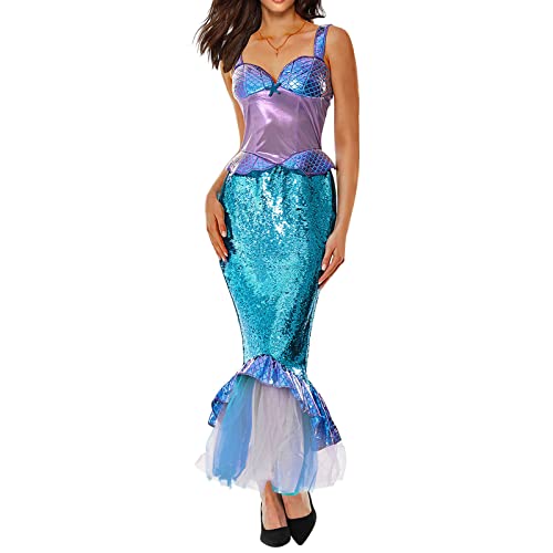 FeMereina Damen Meerjungfrau Kostüm Halloween Meerjungfrau Schwanz Kleid Halfter Pailletten Fischschwanz Dress Up mit Netznähten Erwachsene Kostüme, violett, blau, 38 von FeMereina