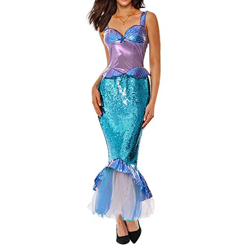 FeMereina Damen Meerjungfrau Kostüm Halloween Meerjungfrau Schwanz Kleid Halfter Pailletten Fischschwanz Dress Up mit Netznähten Erwachsene Kostüme, violett, blau, 42 von FeMereina