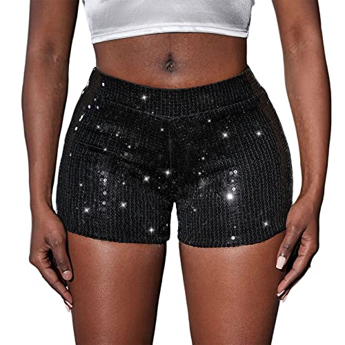 FeMereina Damen Pailletten Shimmer Sexy Rave Booty Metallic Shorts Hohe Taille Slim Fit Glitzer Hot Shorts Clubwear, Schwarz , Medium von FeMereina