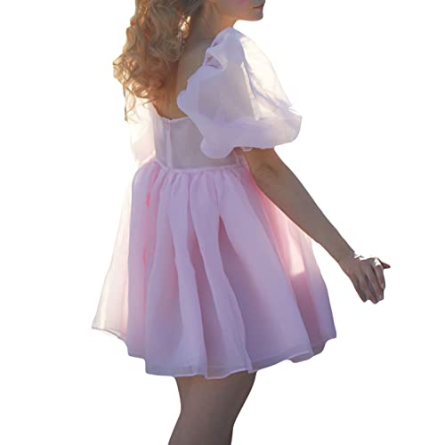 FeMereina Damen Puffärmel Tüll Prinzessin Kleid Einfarbig Quadratischer Ausschnitt Blasenärmel Sommer Rüschen Mesh Party Abschlussball Mini Fee Kleid, rose, Small FeMereina Damen Puffärmel Tüll Prinzessin Kleid Einfarbig Quadratischer Ausschnitt Blasenärmel Sommer Rüschen Mesh Party Abschlussball Mini Fee Kleid, rose, Small von FeMereina