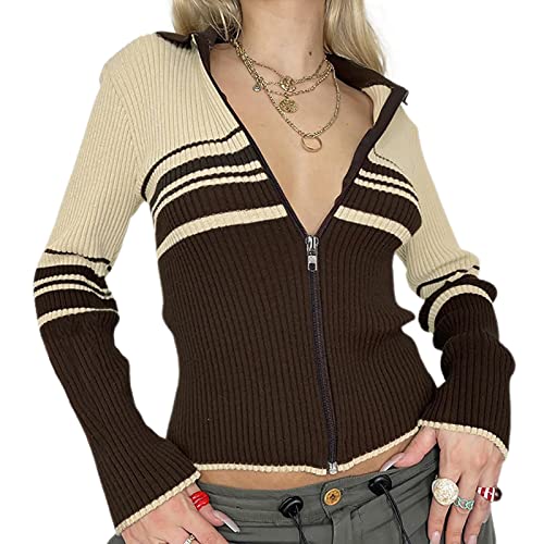 FeMereina Damen Regenbogen Streifen Langarm Open Front Strick Cardigan Casual Pullover Sweater Y2K Streetwear, Z4, S von FeMereina