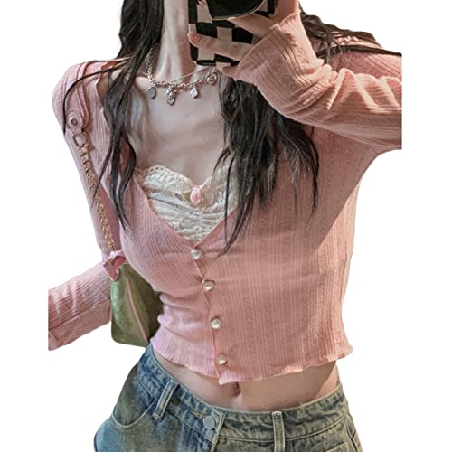 FeMereina Damen Rundhals Knopf Pullover Tops Langarm Slim Fit Rippstrick Henley Shirts Y2k Ästhetisches Shirt Streetwear, Pink#3, M von FeMereina