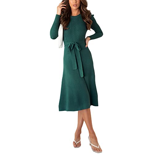 FeMereina Damen Rundhals Strickpullover Pullover Kleid Langarm Gürtel Bodycon Kleid Wrap Strickkleid Herbst Einfarbig Midi Kleider, Dunkelgrün, L von FeMereina