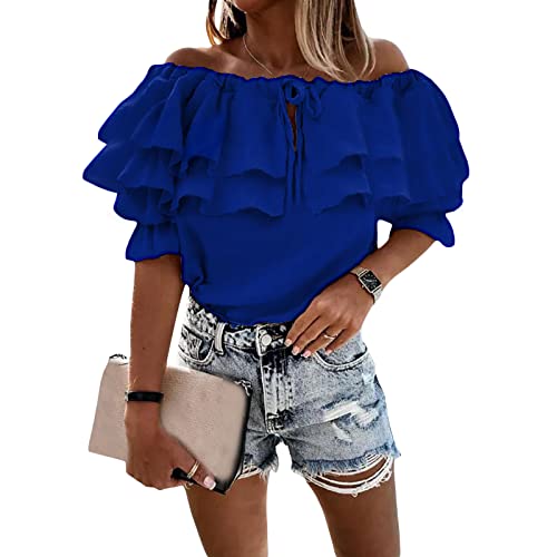 FeMereina Damen Schulterfrei Rüschen Langarm Blusen Casual Layered Tops Casual Rüschen Tie Up Chiffon Sommer Tops, blau, M von FeMereina