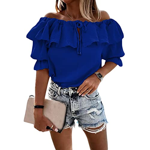 FeMereina Damen Schulterfrei Rüschen Langarm Blusen Casual Layered Tops Casual Rüschen Tie-Up Chiffon Sommer Tops, blau, XXL von FeMereina