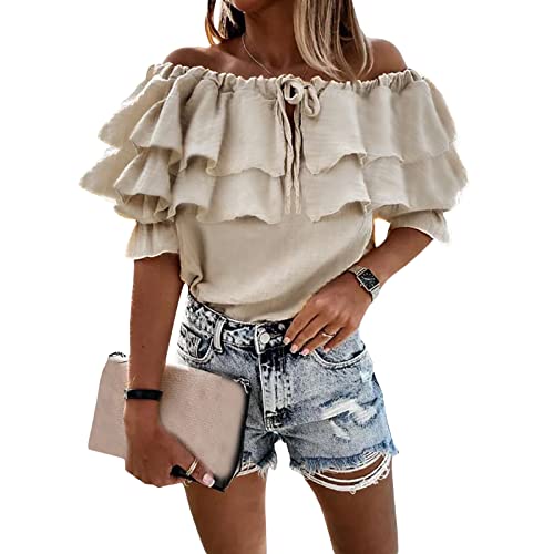 FeMereina Damen Schulterfrei Rüschen Langarm Blusen Casual Layered Tops Casual Rüschen Tie Up Chiffon Sommer Tops, khaki, L von FeMereina