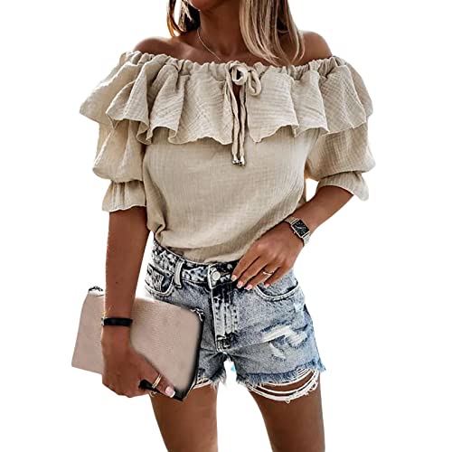 FeMereina Damen Schulterfrei Rüschen Langarm Blusen Casual Layered Tops Casual Rüschen Tie-Up Chiffon Sommer Tops, khaki, Large von FeMereina