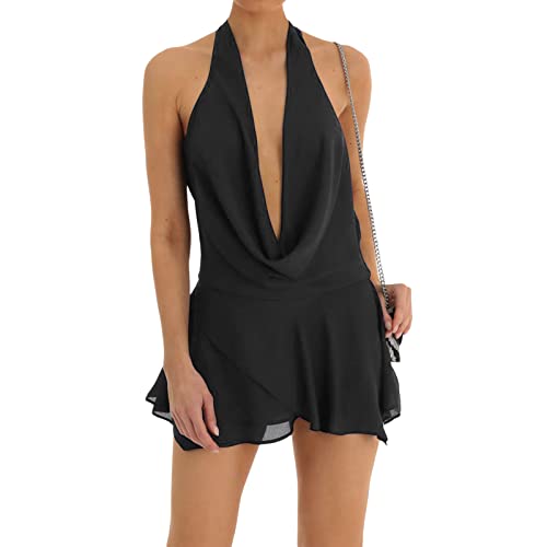 FeMereina Damen Sexy Ärmelloses Wasserfall-Ausschnitt Offener Rücken Durchsichtiges Mesh Neckholder Kurzes Kleid Plunge V Ausschnitt Mini Bodycon Club Party Kleid, Schwarz , Small von FeMereina