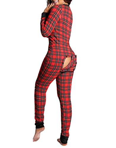 FeMereina Damen Sexy Butt Button Back Flap Jumpsuit V Ausschnitt Langarm Einteiler Pyjama Sexy Bodycon Strampler Einteiler Clubwear Gr. X-Large, C von FeMereina