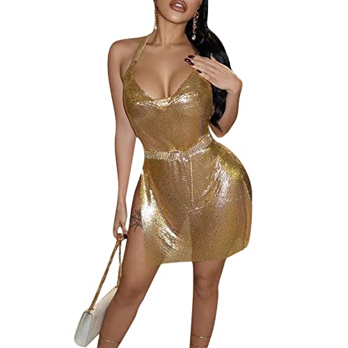 FeMereina Damen Sexy Neckholder Rückenfrei Durchsichtige Pailletten Club Bodycon Minikleid Ärmellos Glitzer Cover Up Seitenschlitz Minikleid, gold, L von FeMereina