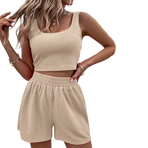 FeMereina Damen Sommer 2-teilige Outfits Stricksets Ärmellos Quadratischer Ausschnitt Crop Top Tank Hohe Taille Shorts Waffel 2-teiliges Lounge-Set (Aprikose, M), aprikose, 38 von FeMereina