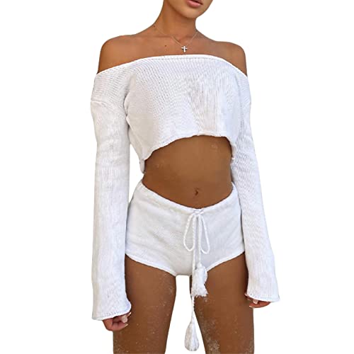 FeMereina Damen Sommer Gestrickte Kurze Sets 2 Stück Outfits Langarm Off Shoulder Crop Tops und High Waist Shorts Streetwear, weiß, 38 von FeMereina