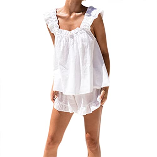FeMereina Damen-Sommer-Pyjama-Set, ärmellos, gerüscht, rückenfrei, bauchfreies Tanktop + einfarbige Rüschen-Shorts, Lounge-Pyjama-Set, Nachtwäsche, weiß, 36 FeMereina Damen-Sommer-Pyjama-Set, ärmellos, gerüscht, rückenfrei, bauchfreies Tanktop + einfarbige Rüschen-Shorts, Lounge-Pyjama-Set, Nachtwäsche, weiß, 36 von FeMereina