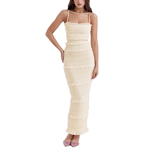 FeMereina Damen Sommer Sheer Mesh Plissee Bodycon Spitzenbesatz Langes Slipkleid Y2K Spaghettiträger Quadratischer Ausschnitt Rüschenbesatz Gestuftes Maxikleid, beige, Small von FeMereina