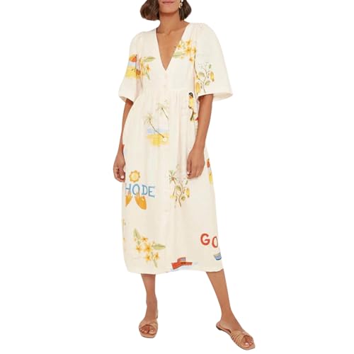 FeMereina Damen-Sommerkleid, lockeres Kleid, kurze halbe Ärmel, V-Ausschnitt, Knopfleiste, Maxikleid, Buchstaben- und Blumendruck, Boho, langes Kleid, weiß, L FeMereina Damen-Sommerkleid, lockeres Kleid, kurze halbe Ärmel, V-Ausschnitt, Knopfleiste, Maxikleid, Buchstaben- und Blumendruck, Boho, langes Kleid, weiß, L von FeMereina