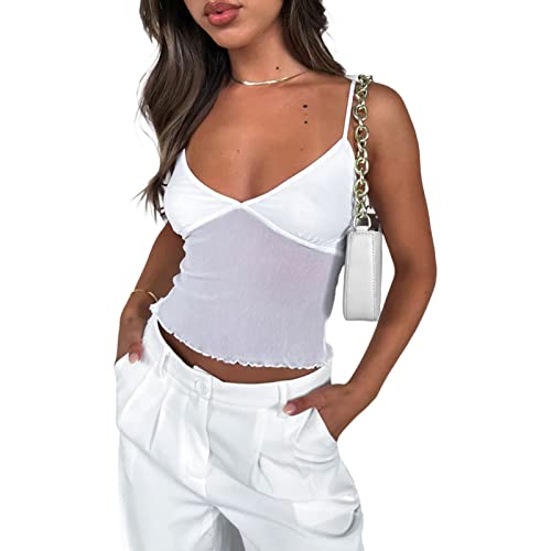 FeMereina Damen Spitzenbesatz Tank Tops Low Cut Ärmellos Cropped Cami Ästhetische Spitze Patchwork Westen Top Rückenfrei Camisole Fairy Grunge, E-White, M von FeMereina