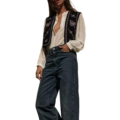 FeMereina Damen Vintage Floral Stickerei Weste Boho Casual Open Front Ärmellos Samt Cardigan Weste, Schwarz , 42 von FeMereina