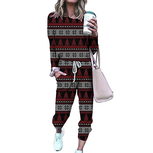 FeMereina Damen Weihnachten Casual Outfits, Cartoon Print Langarm Tops Kordelzug Lange Hosen 2 Stück Loungewear Set, Schwarz , 46 von FeMereina