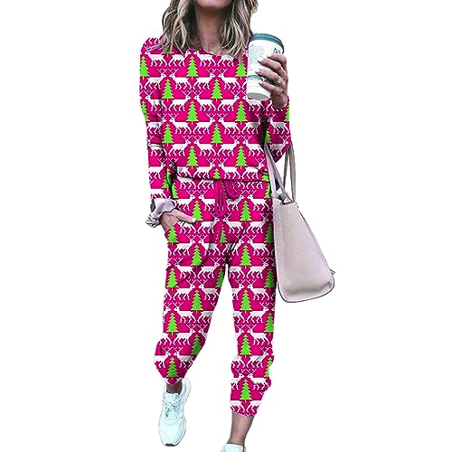 FeMereina Damen Weihnachten Casual Outfits, Cartoon Print Langarm Tops Kordelzug Lange Hosen 2 Stück Loungewear Set, rose, 42 von FeMereina