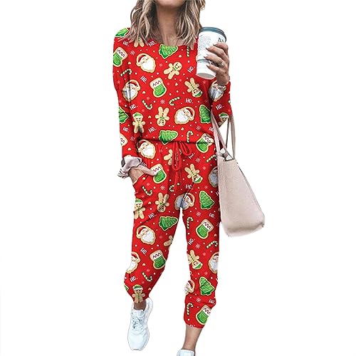 FeMereina Damen Weihnachten Casual Outfits, Cartoon Print Langarm Tops Kordelzug Lange Hosen 2 Stück Loungewear Set, rot, 42 von FeMereina