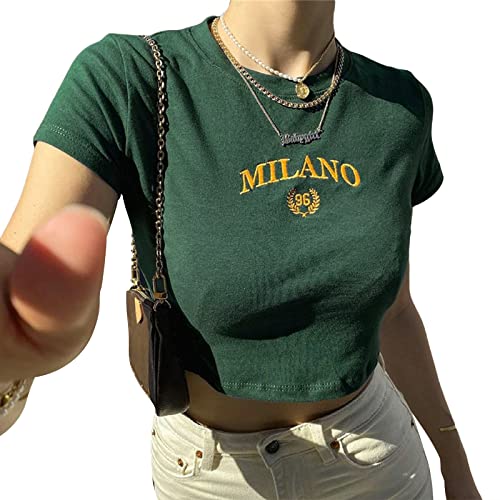 FeMereina Damen Y2K Graphics Crop Top Rundhalsausschnitt Kurzarm Stern Print Casual T-Shirts Grunge Ästhetische Sommer Streetwear, grün, Small von FeMereina