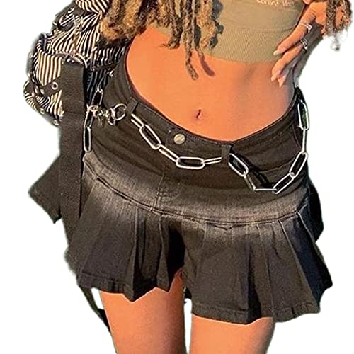 FeMereina Damen Y2K Low Waist Jeans Rock Reißverschluss Plissee 90er Streetwear Patchwork A-Linie Mini Rock mit Taschen, Schwarz , 40 von FeMereina