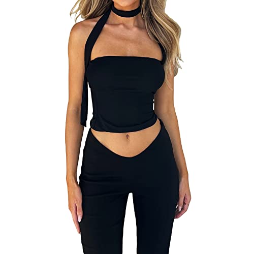 FeMereina Damen Y2k Trägerloses Neckholder-Tanktop, schulterfrei, rückenfrei, Camis, bauchfrei, ärmellos, schmale Passform, Schlauch-Top, Feen-Streetwear, Schwarz , M von FeMereina