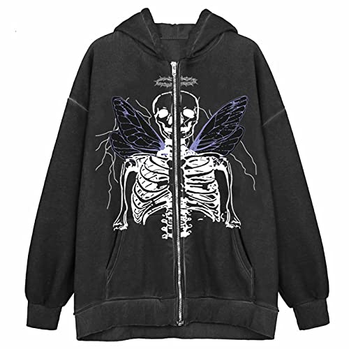 FeMereina Damen Y2k Zip Up Hoodies Langarm Graphic Star Print Kapuzenjacke Oversized Goth Harajuku Sweatshirt Punk Grunge Streetwear, Dunkelgrau, Weiß Nr. 2, 50 von FeMereina