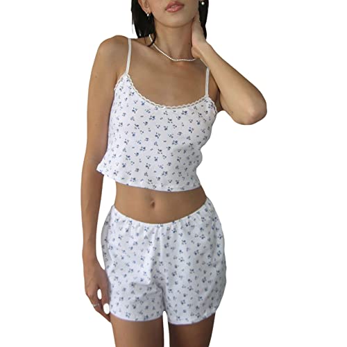 FeMereina Damen Y2k Zweiteiliges Spitzenbesatz Outfits Set Blumendruck Crop Top Cami Shirt Hohe Taille Shorts Sexy Pyjama Set, weiß, 38 von FeMereina