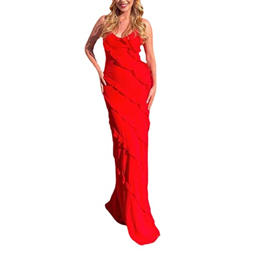 FeMereina Damenkleid mit Spaghetti-Trägern, Rüschen, verziert, langes Kleid, Y2k, schulterfrei, unregelmäßig, Rüschenkleid, sexy, offener Rücken, durchsichtiges Tüllkleid, rot, S von FeMereina