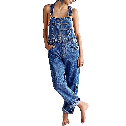 FeMereina Denim-Overall für Damen, lockere Passform, klassisches Lätzchen, lässige Jeans, dehnbarer Denim-Overall, Overall, konisches Bein, Jeanshose, blau, 46 von FeMereina