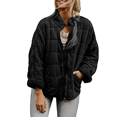 FeMereina Dolman Leichte Steppjacke für Damen, mit Reißverschluss, lange Ärmel, Stehkragen, Taschen, Mantel, warm, Winter, Schwarz , 48 von FeMereina