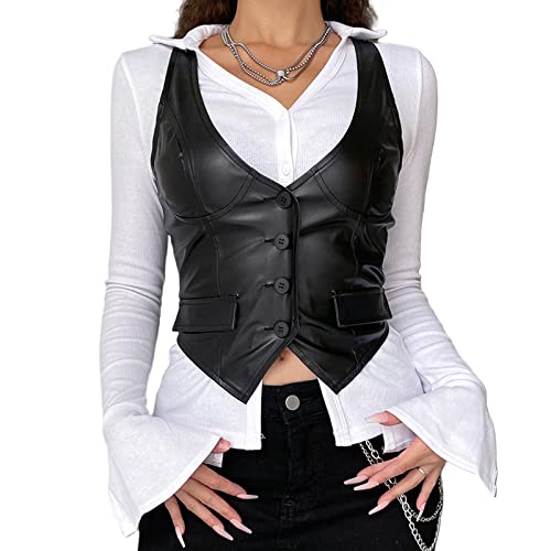 FeMereina Frauen Ärmellos Anzug Weste Button Down Slim Fit Einfarbig U-Ausschnitt Cropped Weste Y2K Casual Gothic Style Streetwear, Schwarz (Black Pu), 42 von FeMereina