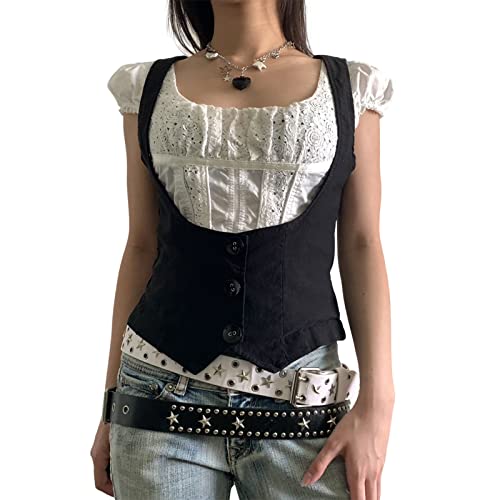 FeMereina Frauen Ärmellos Anzug Weste Button Down Slim Fit Einfarbig U-Ausschnitt Cropped Weste Y2K Casual Gothic Style Streetwear, Schwarz 5, 38 von FeMereina