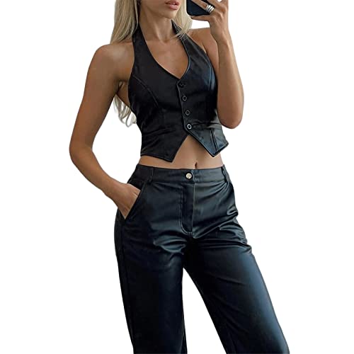 FeMereina Frauen Ärmellos Anzug Weste Button Down Slim Fit Einfarbig U-Ausschnitt Cropped Weste Y2K Casual Gothic Style Streetwear, Schwarz PU 2, 38 von FeMereina