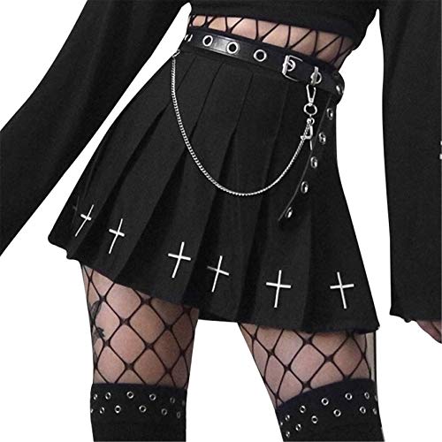 FeMereina Frauen Mini Faltenrock Hohe Taille Kurz A-Linie Flare Gothic Punk Y2k Rock, Damen Kreuz Muster Drucken Röcke Gr. 52, Schwarz von FeMereina