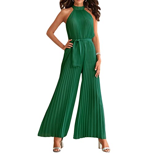 FeMereina Frauen Sexy Sommer Plissee Jumpsuit Neckholder Ärmellos Weites Bein Lange Hose Gürtel Strampler Einteiler Party Outfit, grün, Small von FeMereina