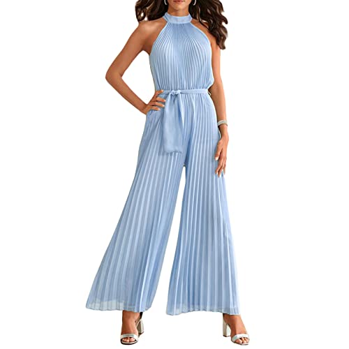 FeMereina Frauen Sexy Sommer Plissee Jumpsuit Neckholder Ärmellos Weites Bein Lange Hose Gürtel Strampler Einteiler Party Outfit, hellblau, L von FeMereina