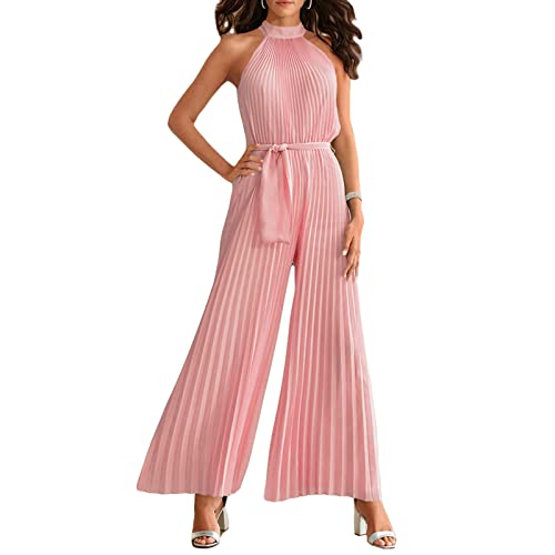 FeMereina Frauen Sexy Sommer Plissee Jumpsuit Neckholder Ärmellos Weites Bein Lange Hose Gürtel Strampler Einteiler Party Outfit, rose, Small von FeMereina