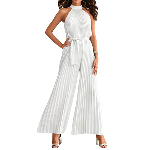 FeMereina Frauen Sexy Sommer Plissee Jumpsuit Neckholder Ärmellos Weites Bein Lange Hose Gürtel Strampler Einteiler Party Outfit, weiß, L von FeMereina